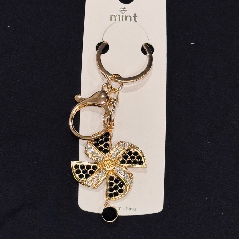 BAG CHARM Mint Black and Clear Sparkling Gold Pinwheel Dangling Crystal Keychain